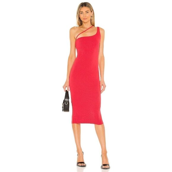 h:ours Niall Midi Dress in Two Tone Red Small New Stretch Bodycon - Picture 1 of 9